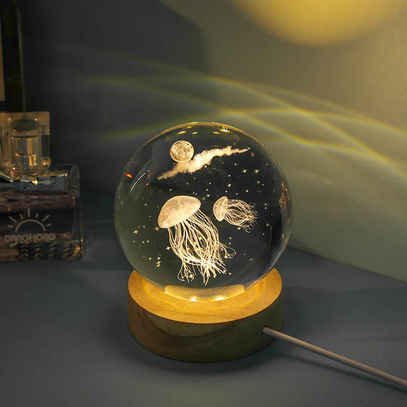 3D Jellyfish Laser engraved crystal ball LED Night Light