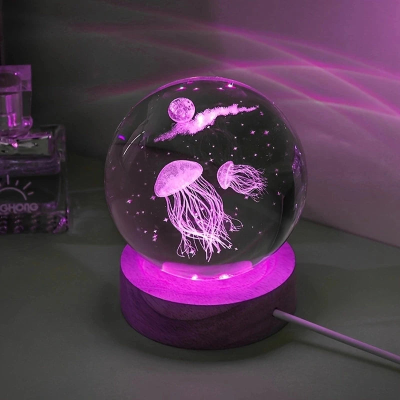 3D Jellyfish Laser engraved crystal ball LED Night Light