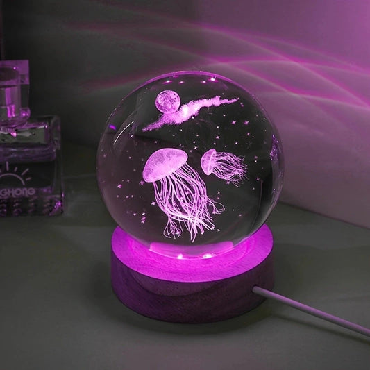 3D Jellyfish Laser engraved crystal ball LED Night Light